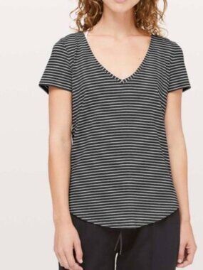 Lululemon Grey White Striped Love V Neck Short Sleeve Top